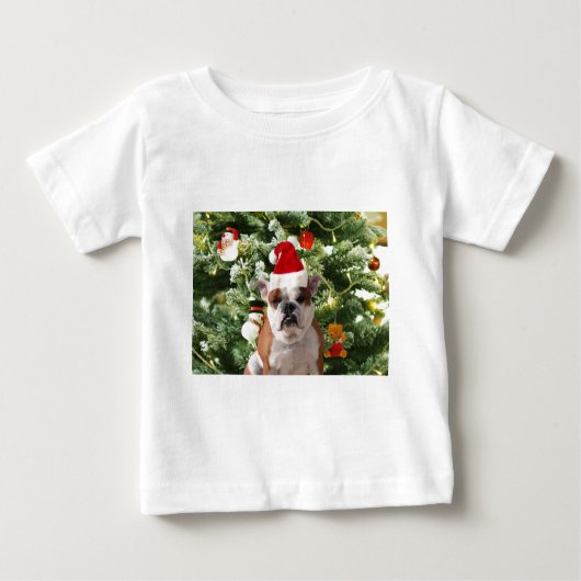 Weihnachtsmannmütze Bulldog Christmas Tree Snowman Baby T-shirt (Vorderseite)