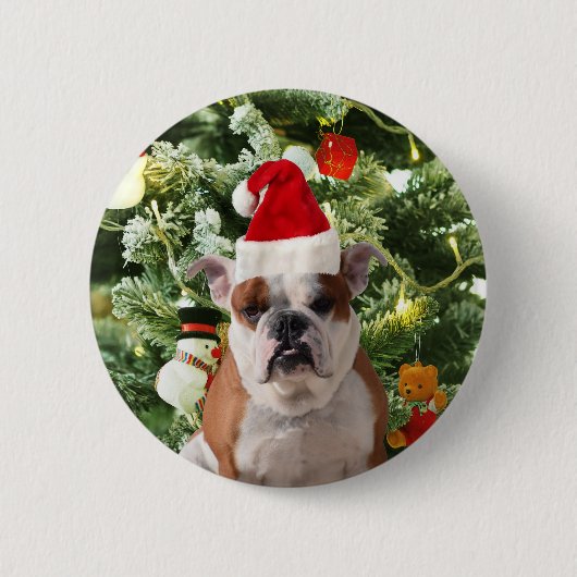 Weihnachtsmannmütze Bulldog Christmas Tree Snowman Button (Vorderseite)