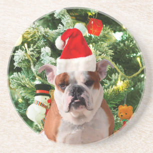 Weihnachtsmannmütze Bulldog Christmas Tree Snowman Sandstein Untersetzer