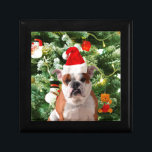 Weihnachtsmannmütze Bulldog Christmas Tree Snowman Schmuckschachtel<br><div class="desc">Niedliches Bulldog Foto mit der Weihnachtsbaum Snowman Geschenkboxen im Hintergrund. Ein perfektes Geschenk für Weihnachten!</div>