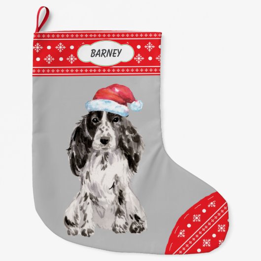 Weihnachtsmannmütze Cocker Spaniel Snowflake Borde Großer Weihnachtsstrumpf (Vorderseite)