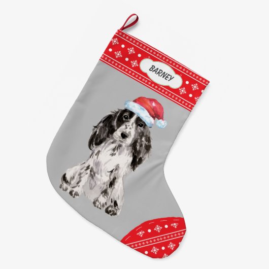 Weihnachtsmannmütze Cocker Spaniel Snowflake Borde Großer Weihnachtsstrumpf (Vorderansicht (hängend))