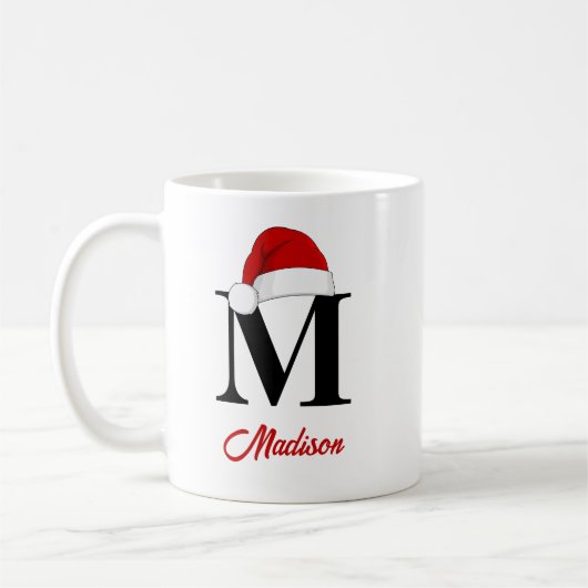 Weihnachtsmannmütze Custom Monogram Red Script Wei Kaffeetasse (Links)