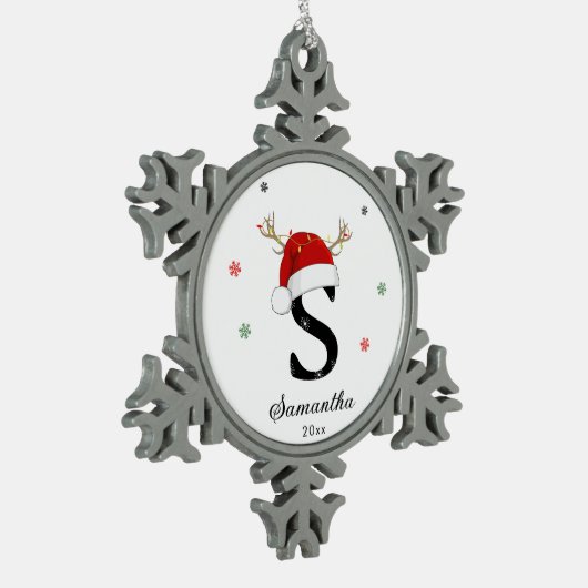 Weihnachtsmannmütze des Buchstabens | Monogramm | Schneeflocken Zinn-Ornament (Links)