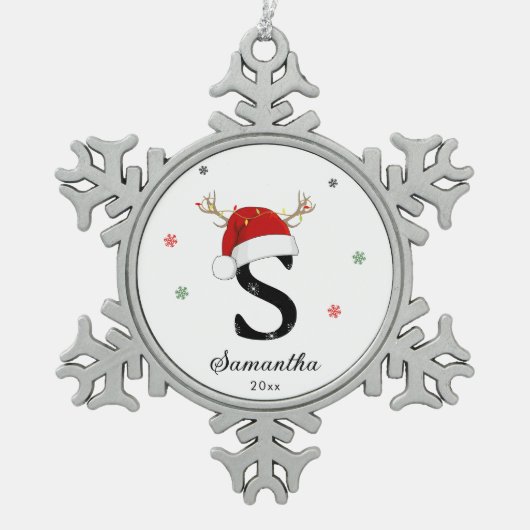 Weihnachtsmannmütze des Buchstabens | Monogramm |  Schneeflocken Zinn-Ornament (Vorderseite)