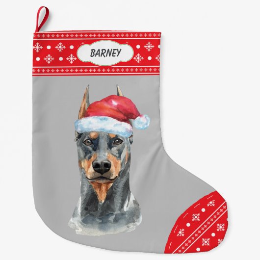 Weihnachtsmannmütze Doberman Snowflake Border Großer Weihnachtsstrumpf (Vorderseite)