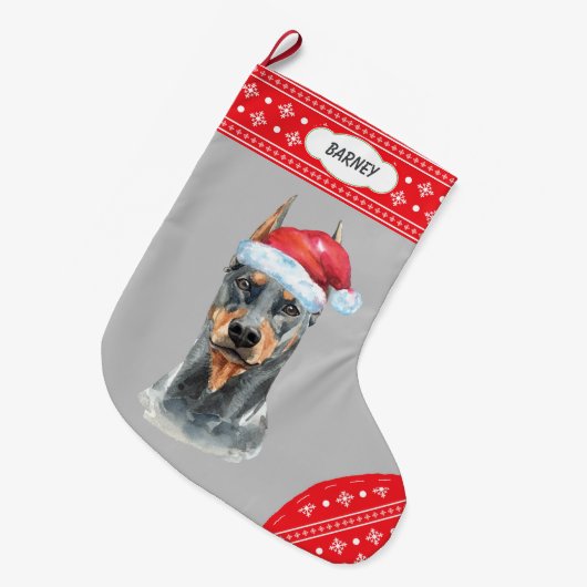 Weihnachtsmannmütze Doberman Snowflake Border Großer Weihnachtsstrumpf (Vorderansicht (hängend))