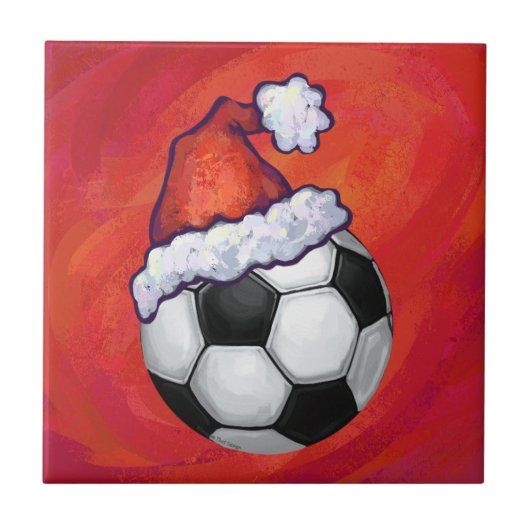 Weihnachtsmannmütze Fußball auf Rot Fliese (Vorderseite)