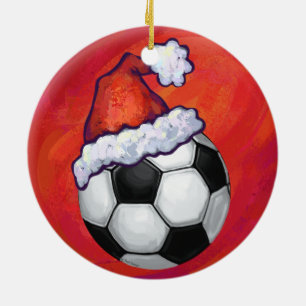 Weihnachtsmannmütze Fußball auf Rot Keramik Ornament