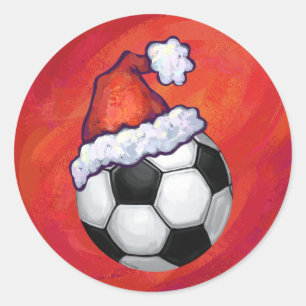 Weihnachtsmannmütze-Fußball-Ball auf Rot Runder Aufkleber