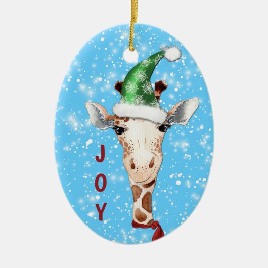 Weihnachtsmannmütze Giraffe Snowflake Background K Keramik Ornament (Vorne)