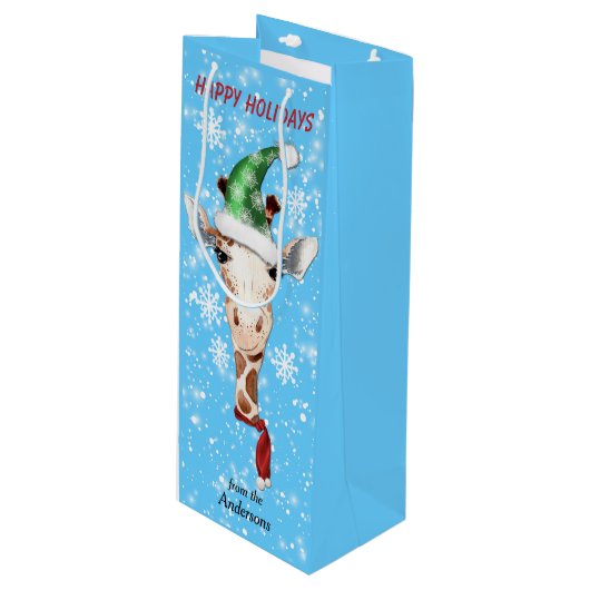 Weihnachtsmannmütze Giraffe Snowflake Blaue Weinka Geschenktüte Für Weinflaschen (Vorderseite Schrägansicht)