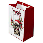 Weihnachtsmannmütze Holly Chihuahua Welpe Weihnach Mittlere Geschenktüte (Vorderseite Schrägansicht)