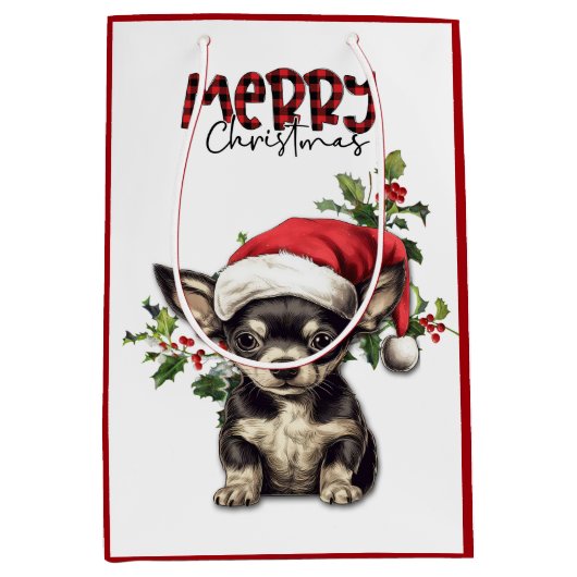 Weihnachtsmannmütze Holly Chihuahua Welpe Weihnach Mittlere Geschenktüte (Vorderseite)