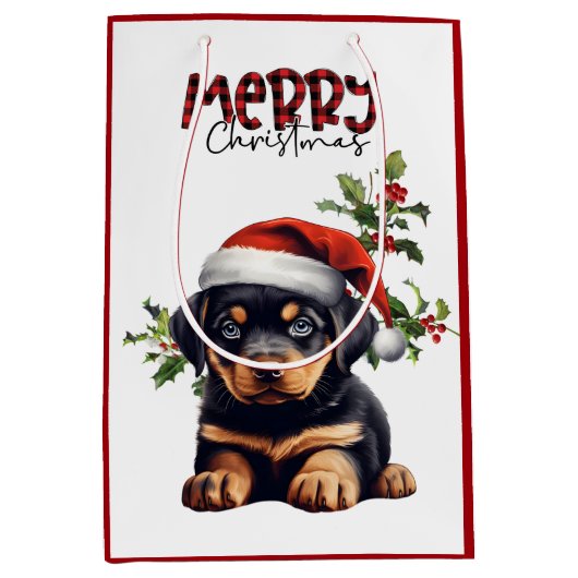 Weihnachtsmannmütze Holly Rottweiler Welpe Weihnac Mittlere Geschenktüte (Vorderseite)