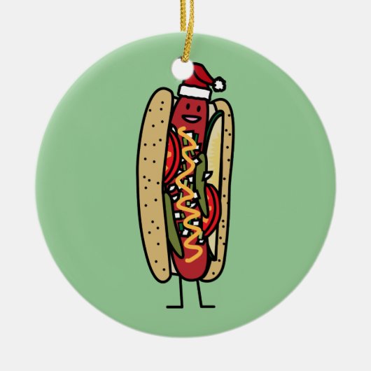 Weihnachtsmannmütze Hotdog Chicago-Art Weihnachts Keramikornament (Vorne)