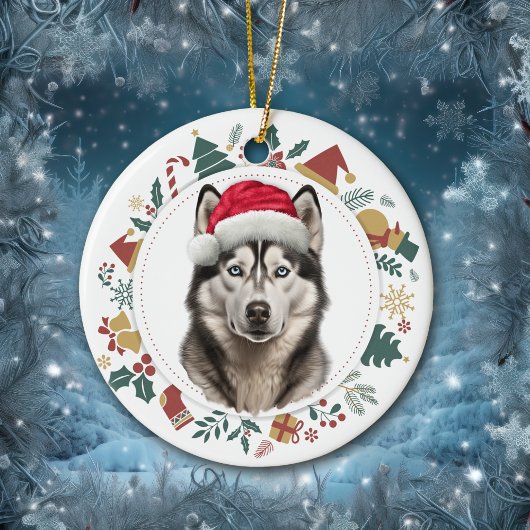 Weihnachtsmannmütze Husky Dog Weihnachtsfotos Wraa Keramik Ornament