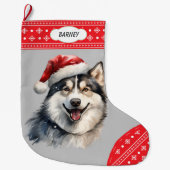 Weihnachtsmannmütze Husky Hund Snowflake Border Großer Weihnachtsstrumpf (Vorderseite)