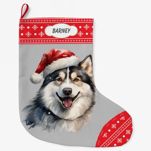 Weihnachtsmannmütze Husky Hund Snowflake Border Großer Weihnachtsstrumpf (Vorderseite)
