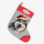 Weihnachtsmannmütze Husky Hund Snowflake Border Großer Weihnachtsstrumpf (Vorderansicht (hängend))