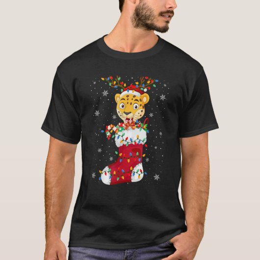 Weihnachtsmannmütze Leopard Tier in Socken Xmas Tr T-Shirt (Vorderseite)