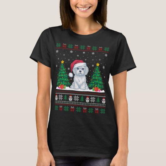 Weihnachtsmannmütze Malteser Hund Weihnachtsbaum L T-Shirt (Vorderseite)