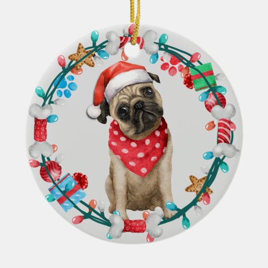 Weihnachtsmannmütze Mops Knochenkranz Keramik Ornament (Vorne)