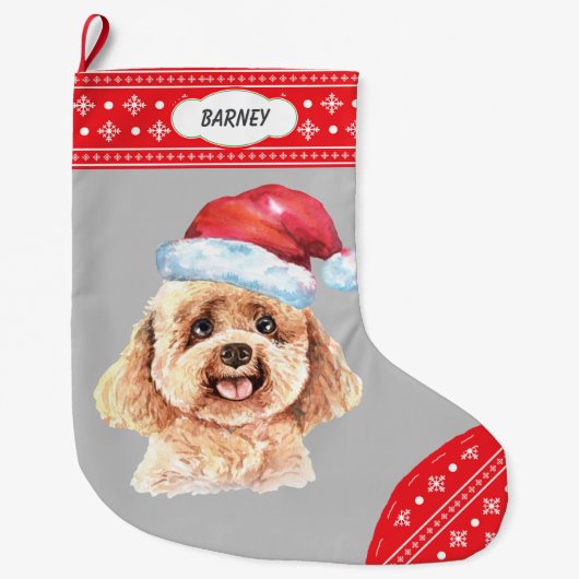 Weihnachtsmannmütze Poodle Hund Schneeflocken Großer Weihnachtsstrumpf (Vorderseite)