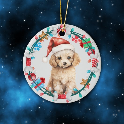 Weihnachtsmannmütze Poodle Welpenkranz Keramik Ornament