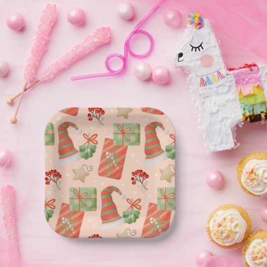 Weihnachtsmannmütze präsentiert Baubles Holly Squa Pappteller (Party)