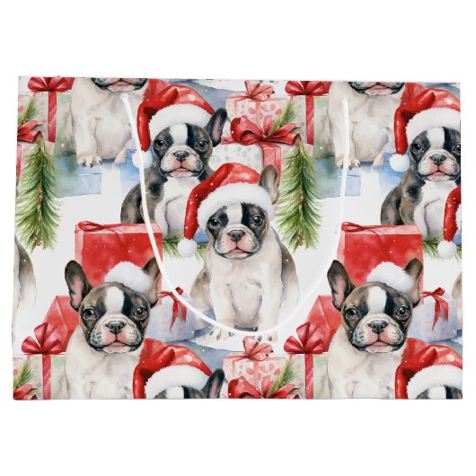 Weihnachtsmannmütze Pups Frenchie Große Geschenktüte (Rückseite)