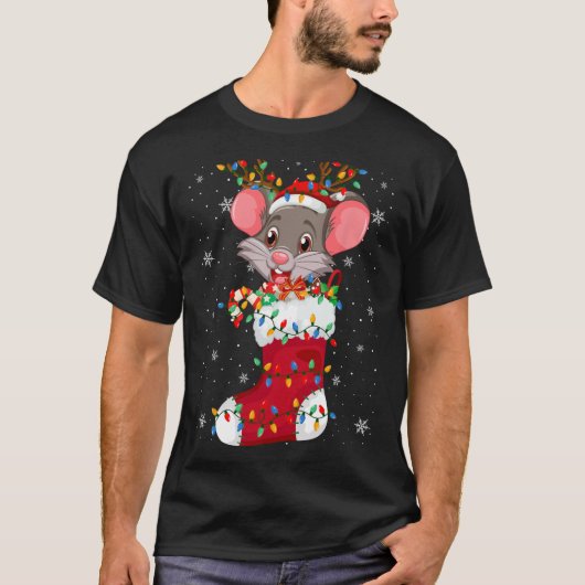 Weihnachtsmannmütze Ratte Tier in Socken Xmas Tret T-Shirt (Vorderseite)