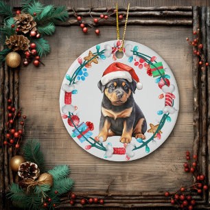 Weihnachtsmannmütze Rottweiler Welpenkranz Keramik Ornament