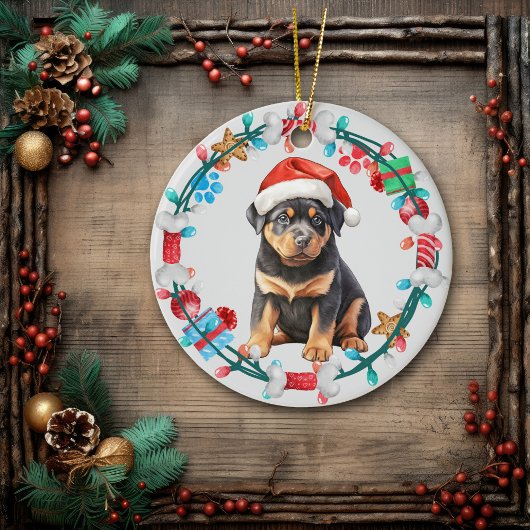 Weihnachtsmannmütze Rottweiler Welpenkranz Keramik Ornament