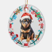 Weihnachtsmannmütze Rottweiler Welpenkranz Keramik Ornament (Links)