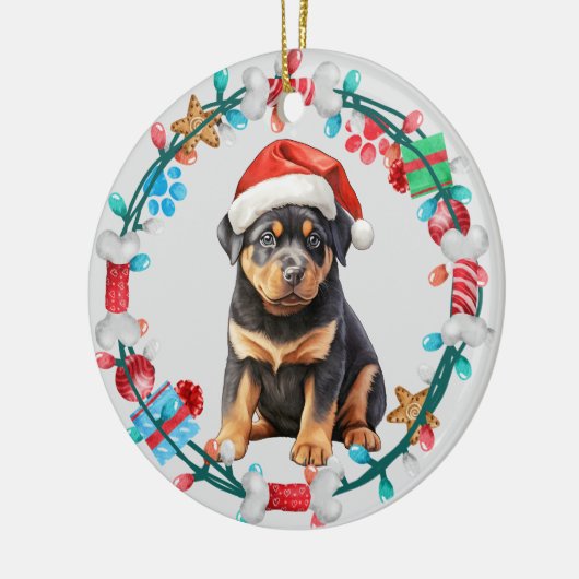 Weihnachtsmannmütze Rottweiler Welpenkranz Keramik Ornament (Links)