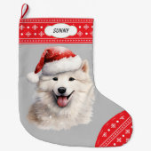 Weihnachtsmannmütze Samoyed Hund Snowflake Border Großer Weihnachtsstrumpf (Vorderseite)