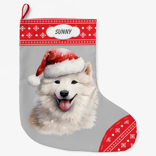 Weihnachtsmannmütze Samoyed Hund Snowflake Border Großer Weihnachtsstrumpf (Vorderseite)