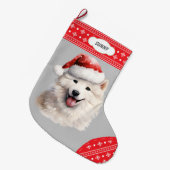 Weihnachtsmannmütze Samoyed Hund Snowflake Border Großer Weihnachtsstrumpf (Vorderansicht (hängend))