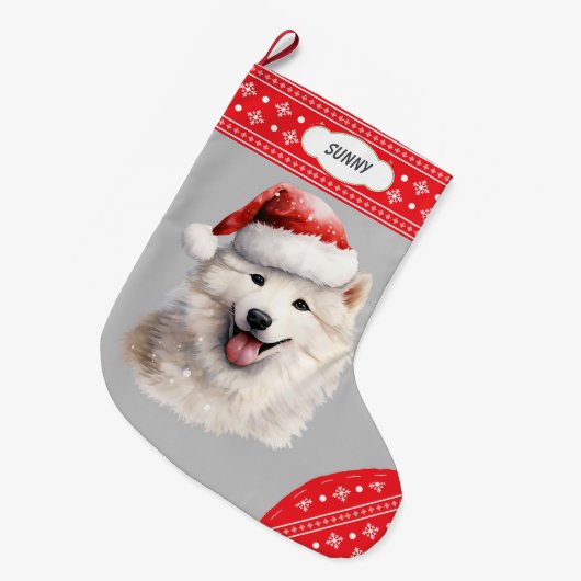 Weihnachtsmannmütze Samoyed Hund Snowflake Border Großer Weihnachtsstrumpf (Vorderansicht (hängend))