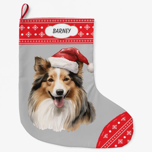 Weihnachtsmannmütze Shetland Sheepdog Snowflake Bo Großer Weihnachtsstrumpf (Vorderseite)