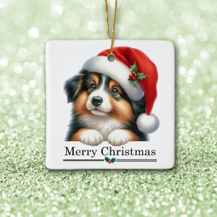 Weihnachtsmannmütze Shetland Sheepdog Welpe Frohe Keramikornament