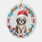 Weihnachtsmannmütze Shih Tzu Welppy Bone Wreath Keramik Ornament (Links)