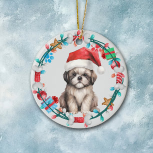 Weihnachtsmannmütze Shih Tzu Welppy Bone Wreath Keramik Ornament
