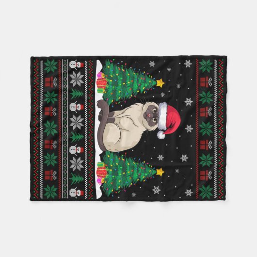 Weihnachtsmannmütze Siamese Katze Weihnachtsbaum L Fleecedecke (Vorderseite (Horizontal))