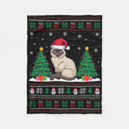 Weihnachtsmannmütze Siamese Katze Weihnachtsbaum L Fleecedecke (Vorderseite)