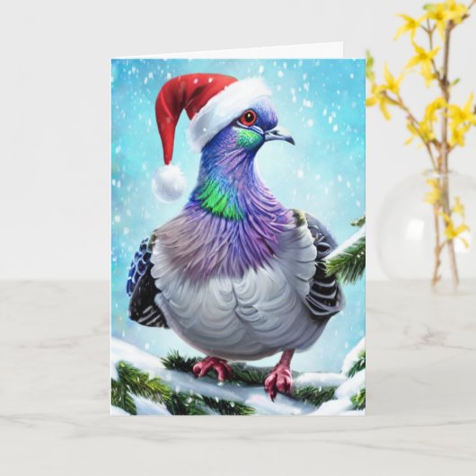 Weihnachtsmannmütze-Taube in sinkendem Schnee Weih Karte (Gelbe Blume)