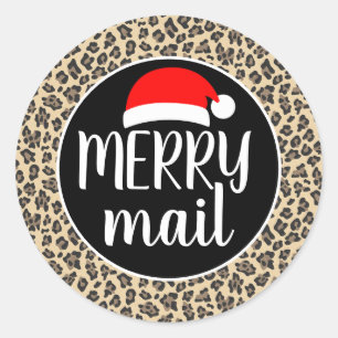 Weihnachtsmannmütze Tierdruckleopard Merry Mail Runder Aufkleber