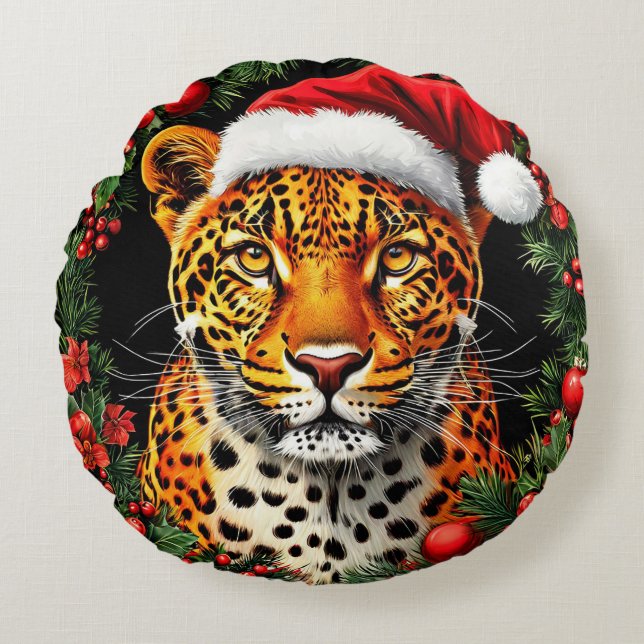 Weihnachtsmannmütze von festem Leopard Rundes Kissen (Vorderseite)