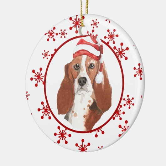 Weihnachtsmannmütze Wasserfarbener Basset Keramik Ornament (Links)